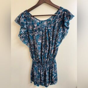 Floral Blue Ruffle Sleeve Top